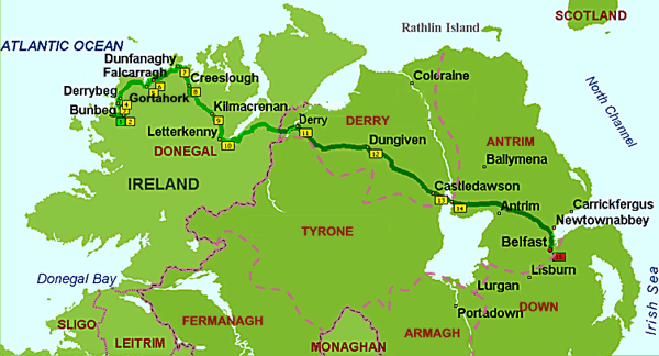Route map from Annagry to Belfast
